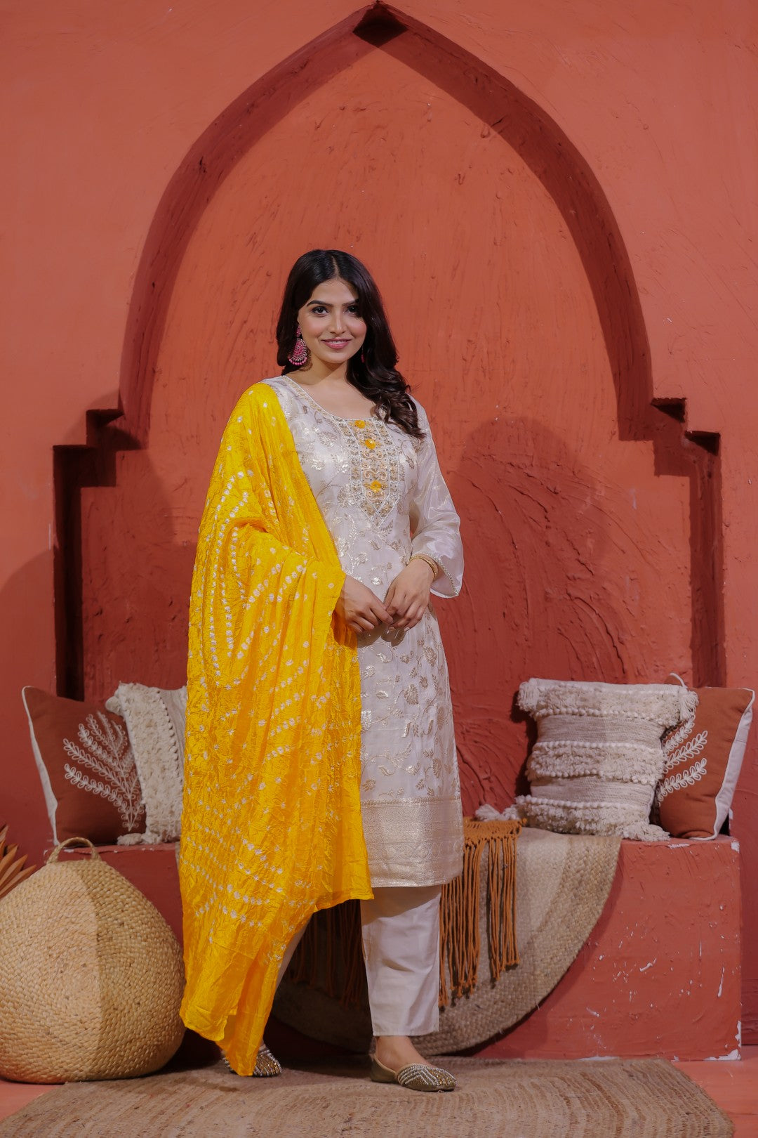 Off White Mosh Silk Suit with Banarasi Work, Pant & Dupatta