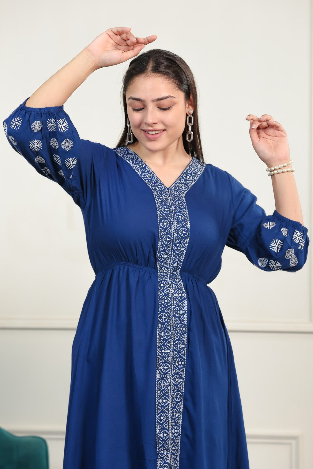 Royal Blue Rayon with White Thread Work Midi Dress