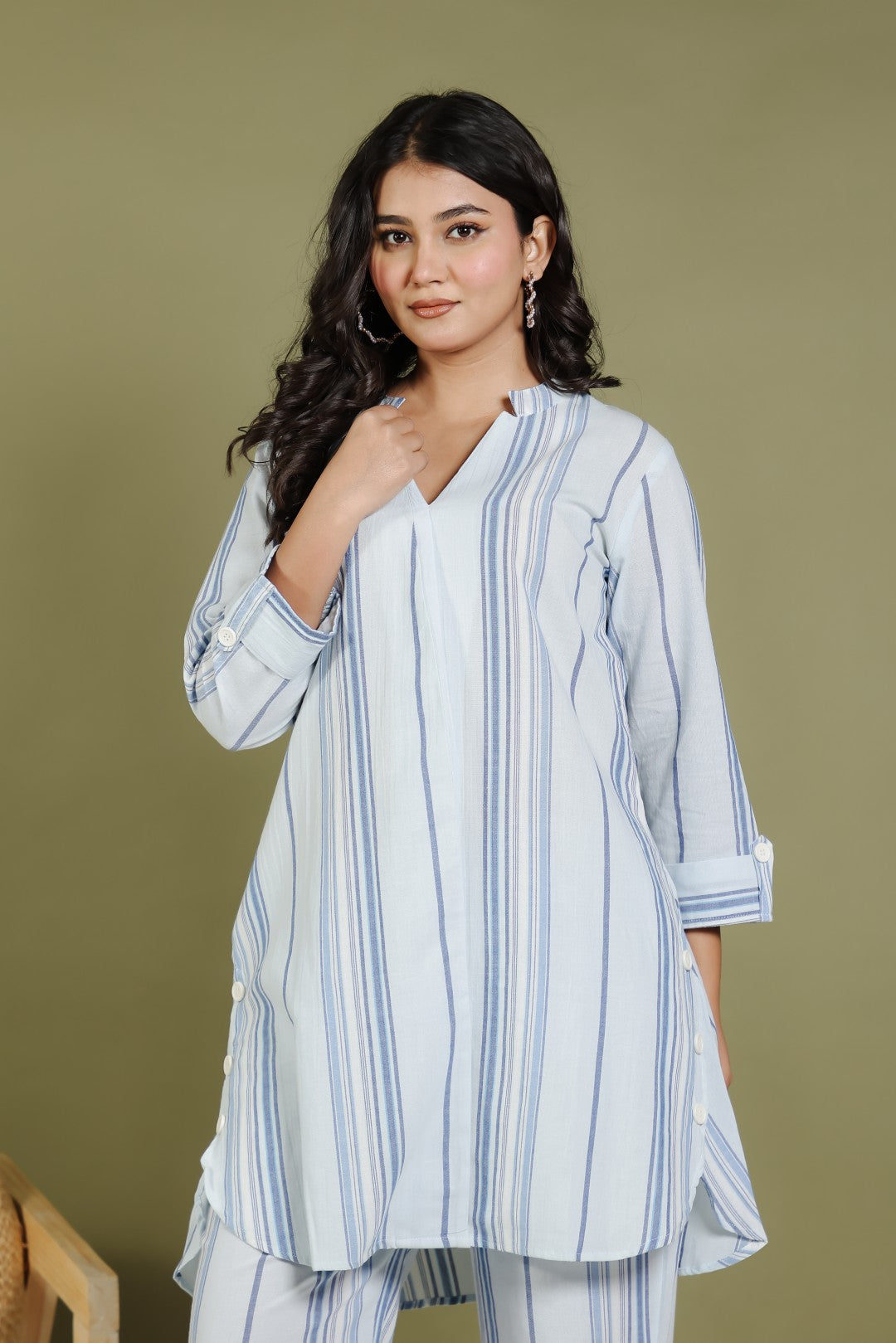 Light Sky Blue Cotton Top with Lining Prints, and Same Pant