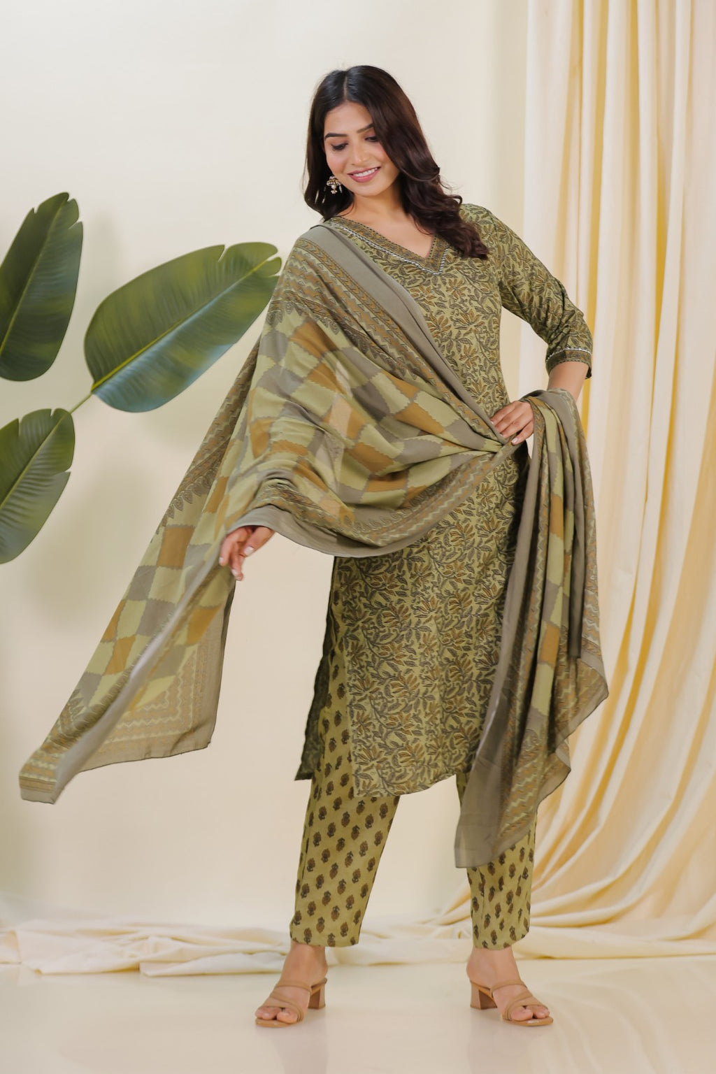 Baby Green Slub Cotton Printed Top with Matching Bottom & Dupatta