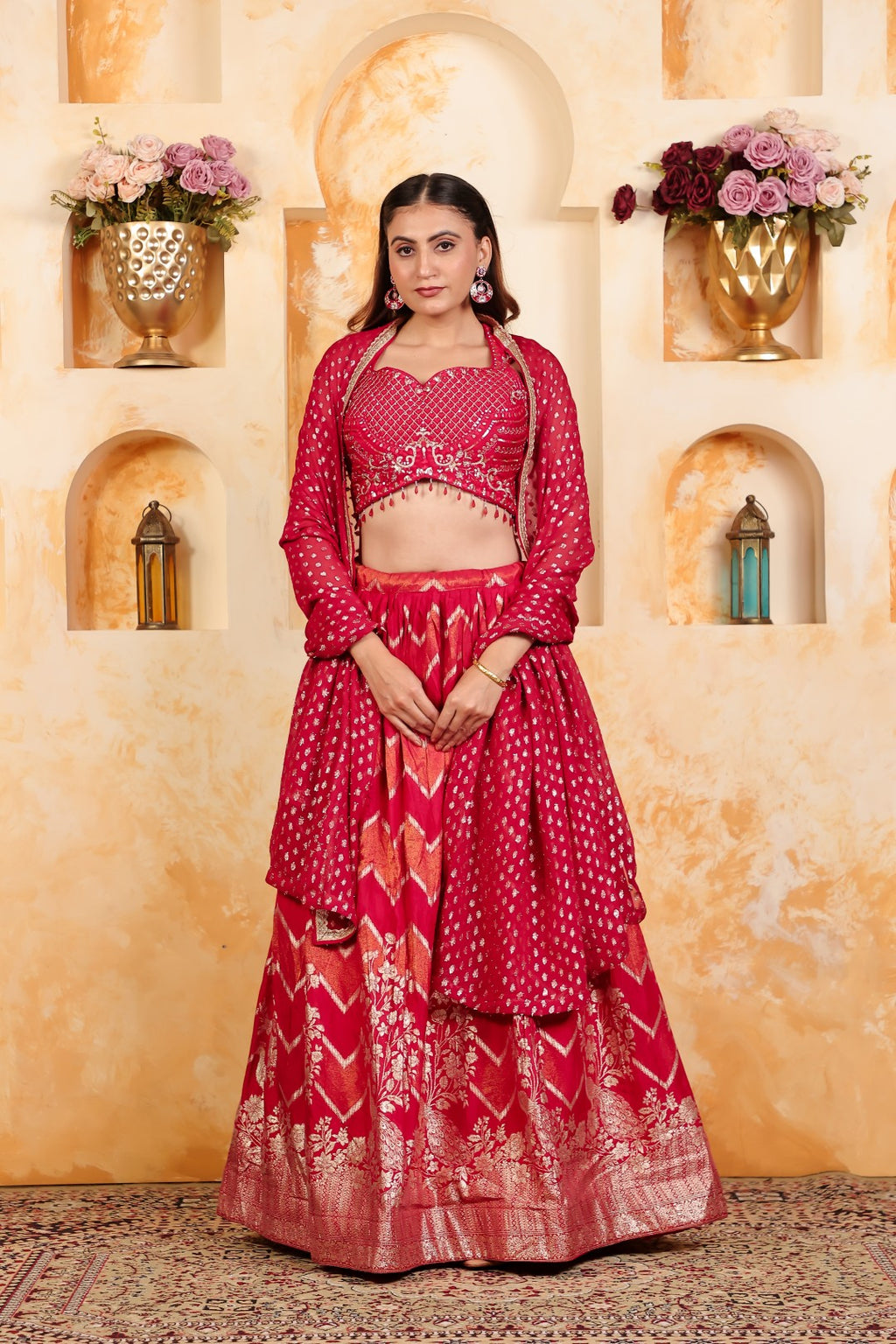 Rani Pink Dola Silk Blouse with Zari Work, Lehenga & Dupatta
