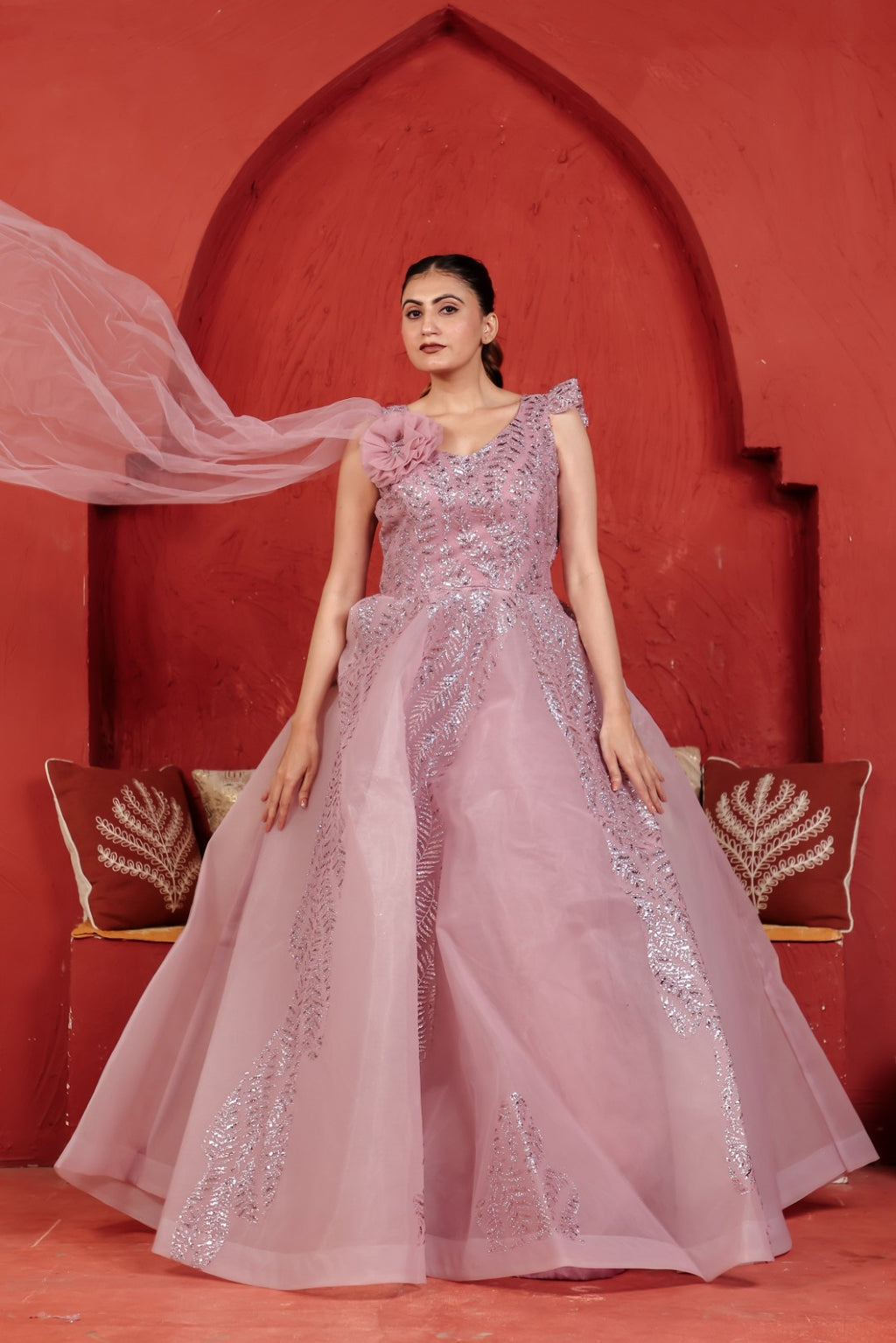 Baby Pink Net Gown with Sequin Work & Attached Dupatta