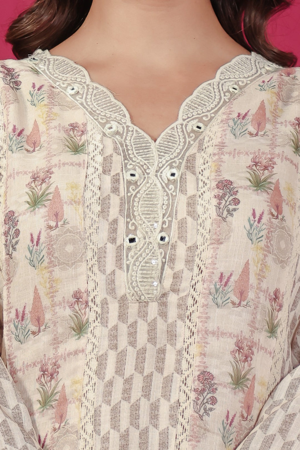 Beige Linen Cotton Printed Suit with Lace Work, Bottom & Dupatta