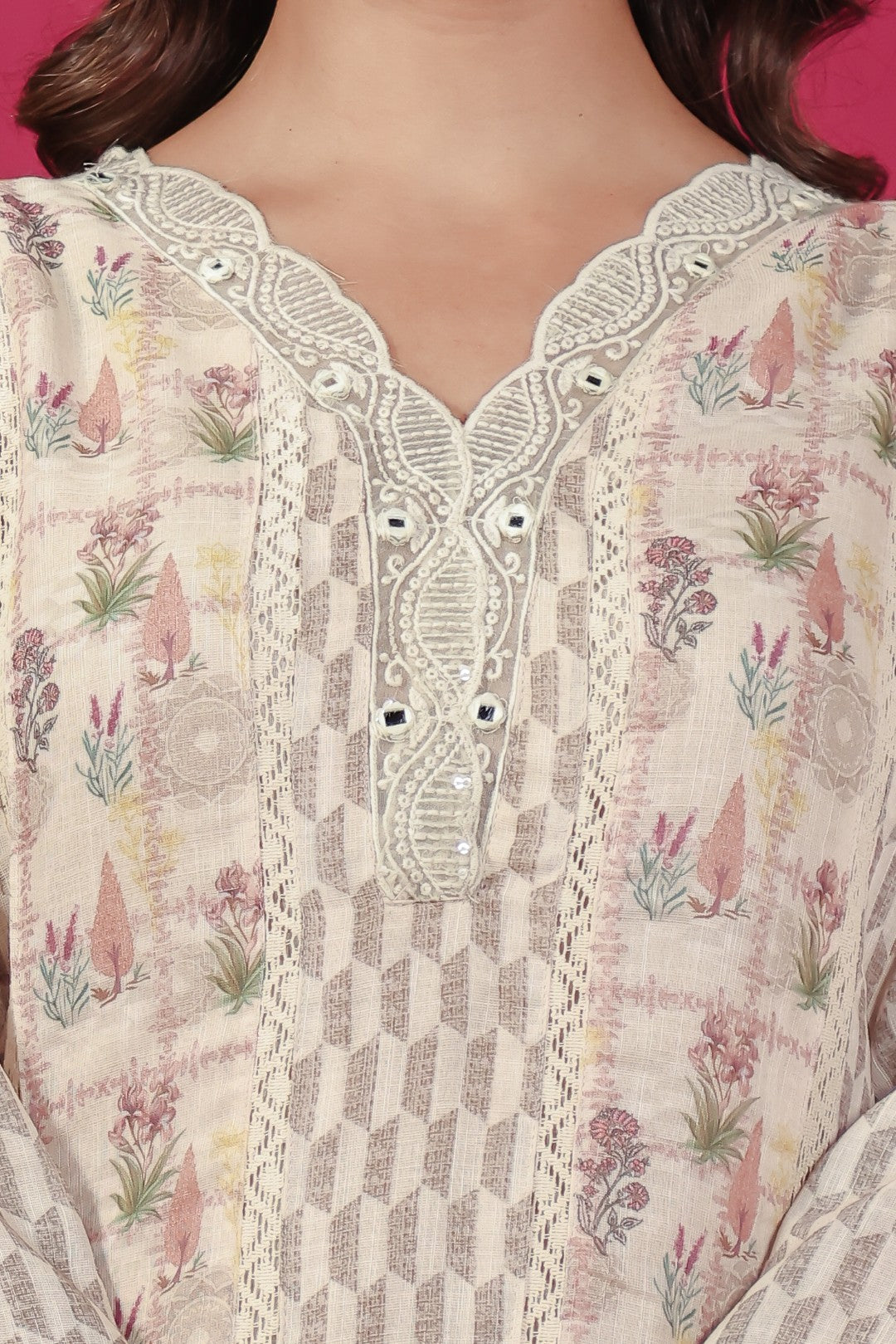 Beige Linen Cotton Printed Suit with Lace Work, Bottom & Dupatta