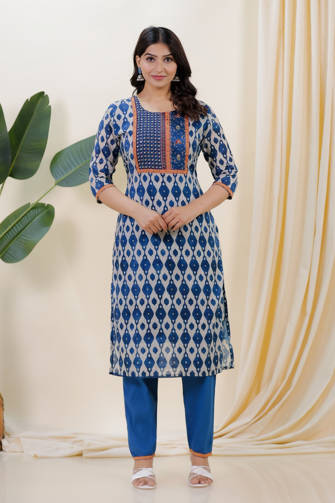 Light Grey & Diesel Blue Cotton Printed Suit with Sequin & Thread Work, Bottom & Dupatta