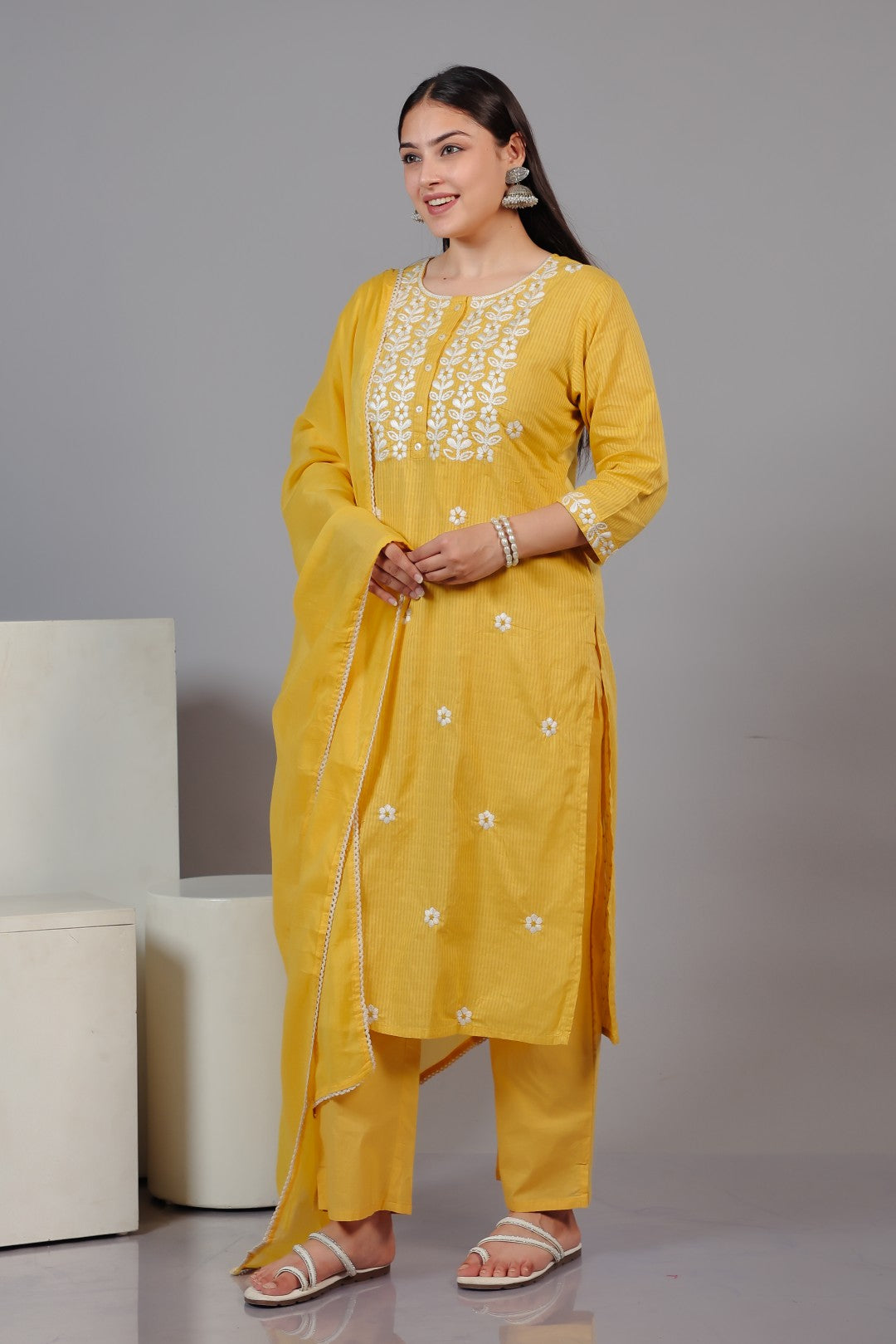 Yellow Cotton Suit with Fine Thread Work, Bottom & Dupatta