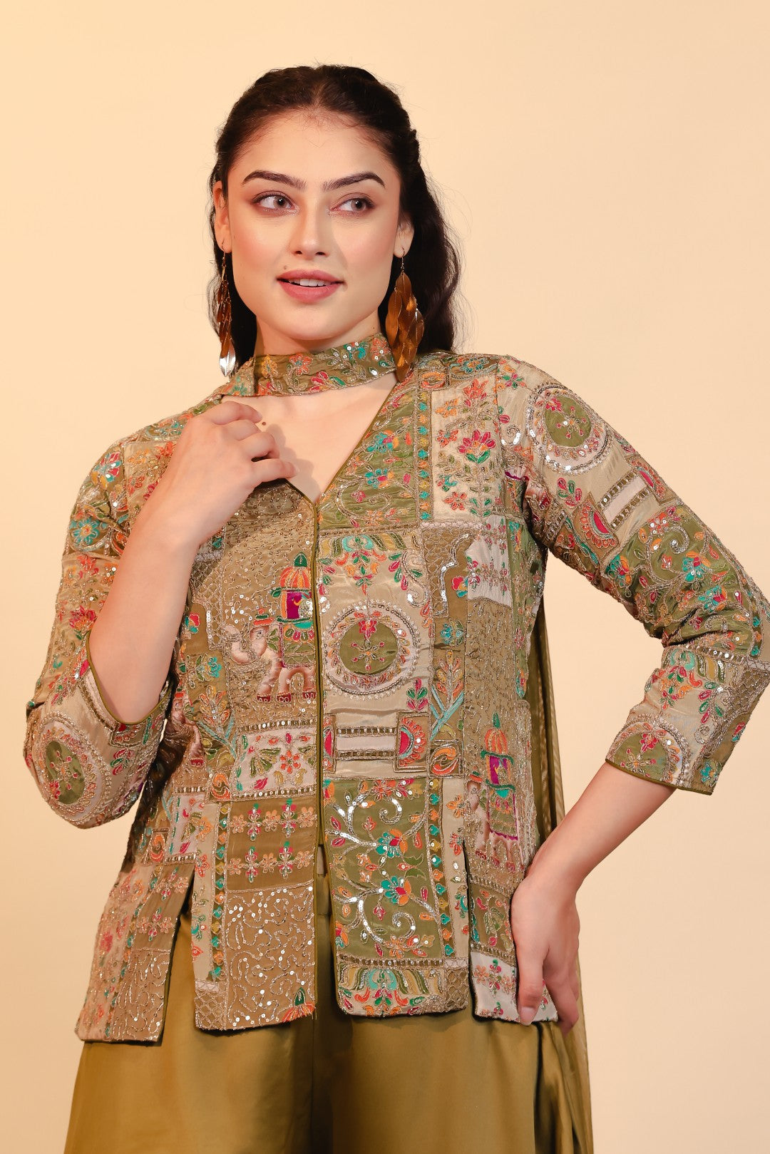 Mehendi Green HO Silk Top with Position Prints & Zari Work, Sharara & Dupatta