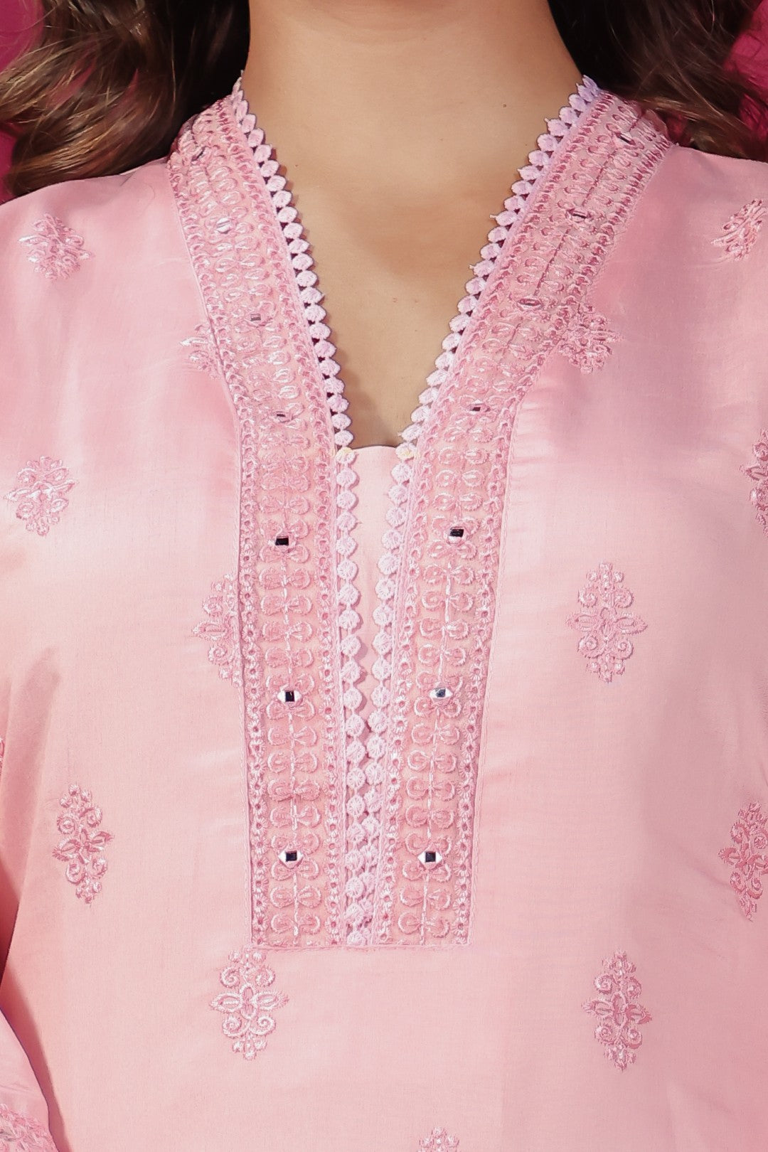 Baby Pink Muslin Silk Suit with Thread Embroidery, Bottom & Dupatta