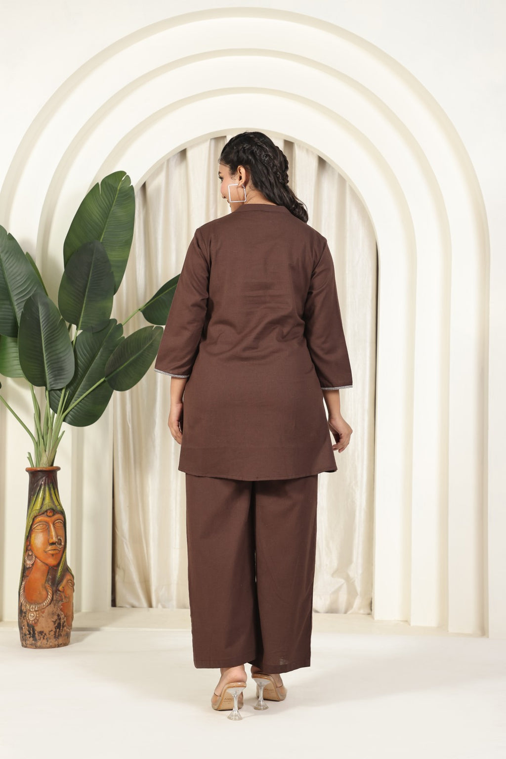 Coffee Brown Jute Linen Co-ord Set with Thread Handwork