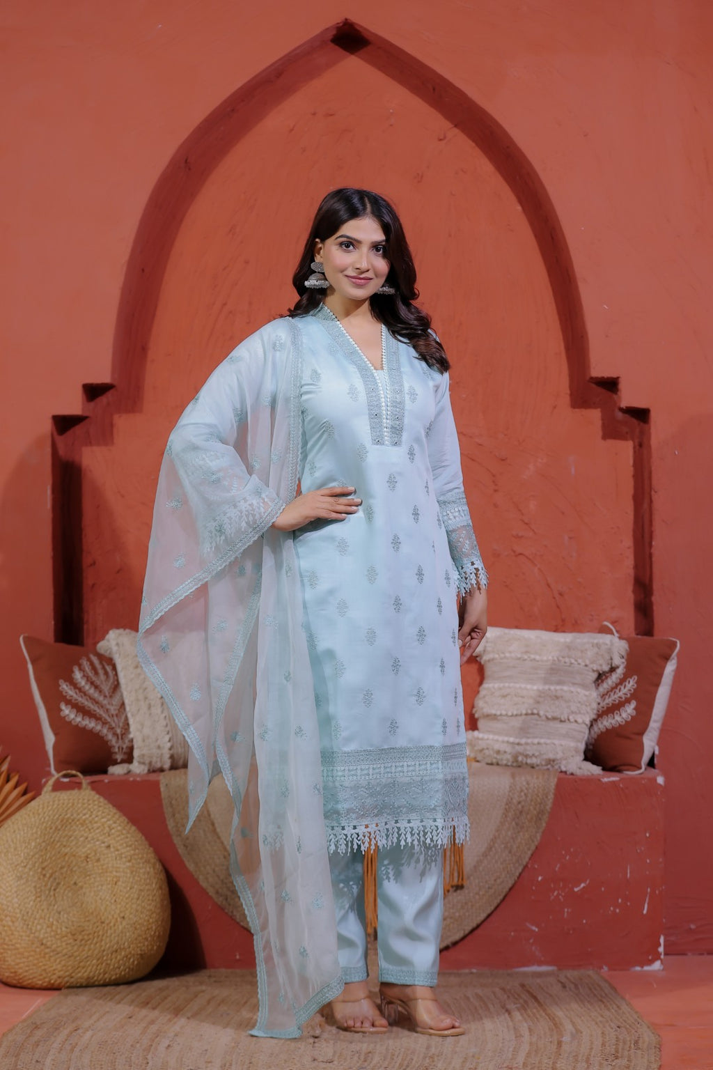 Sky Blue Muslin Silk Suit with Thread Embroidery, Bottom & Dupatta