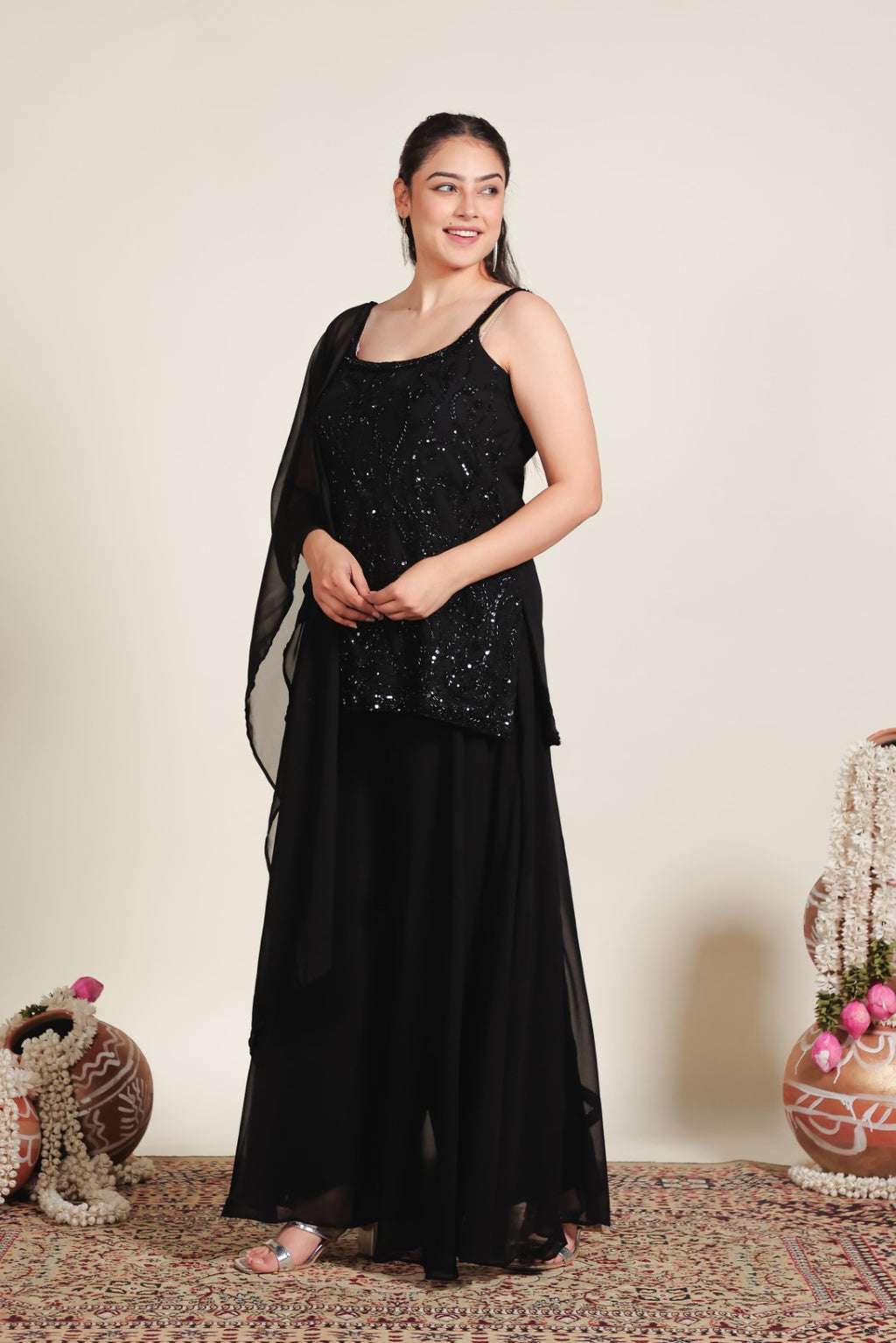 Black Georgette Suit with Handwork, Sharara & Dupatta