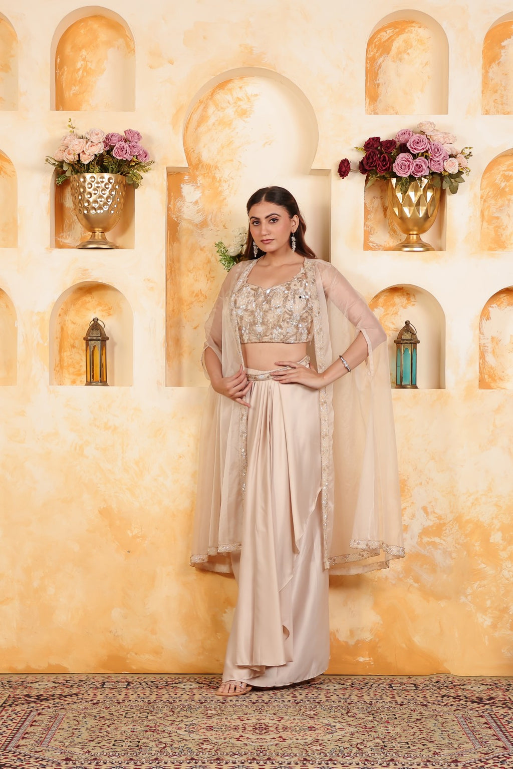 Beige Satin Blouse with Full Handwork, Beige Satin Dhoti & Shrug