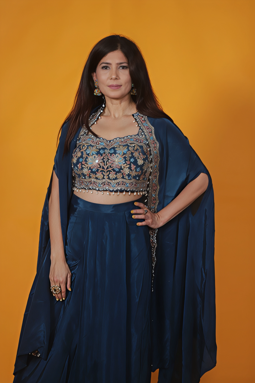 Dark Teal Blue Crepe Silk Blouse with Zari Handwork, Dhoti & Shrug