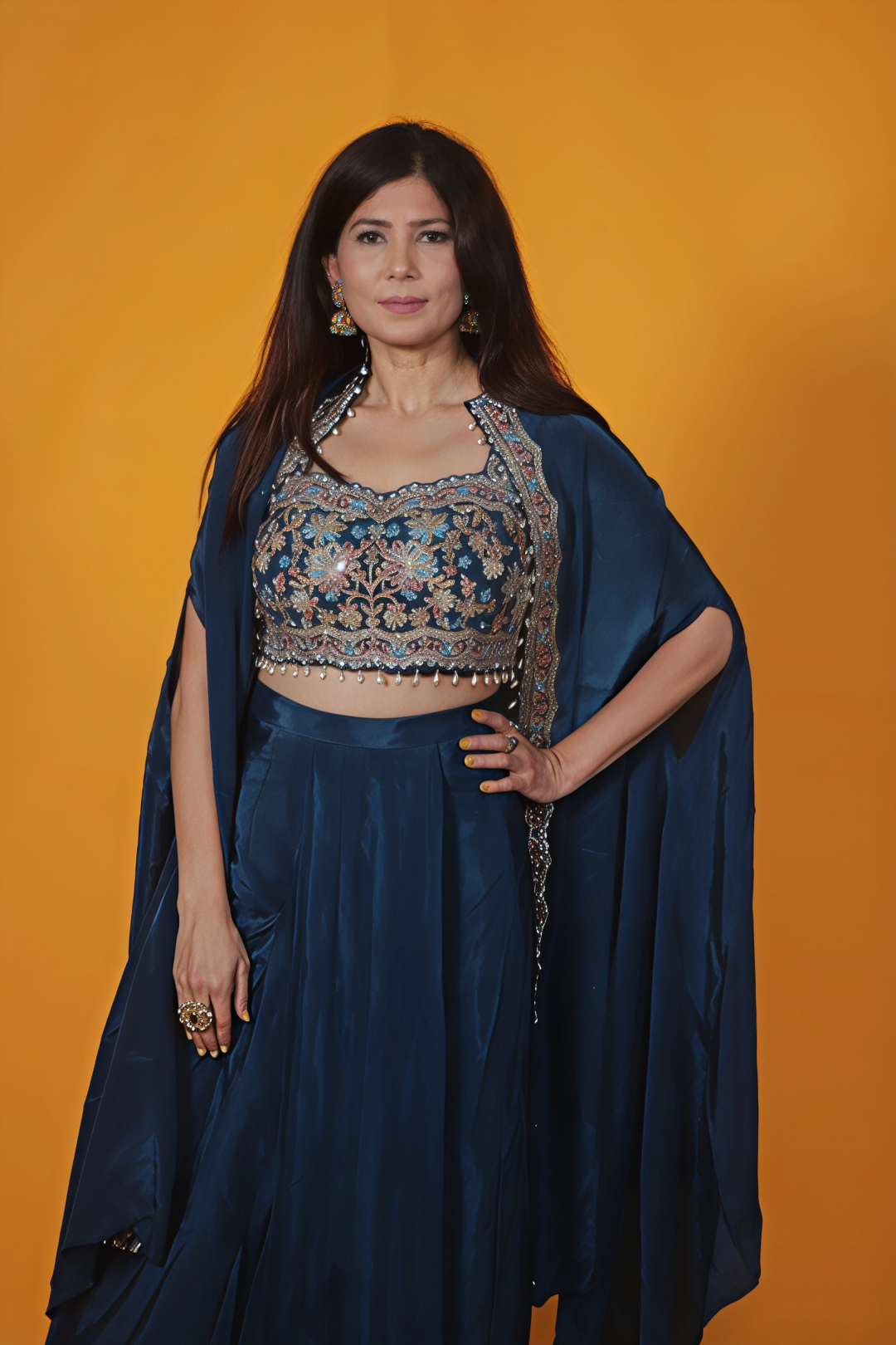 Dark Teal Blue Crepe Silk Blouse with Zari Handwork, Dhoti & Shrug
