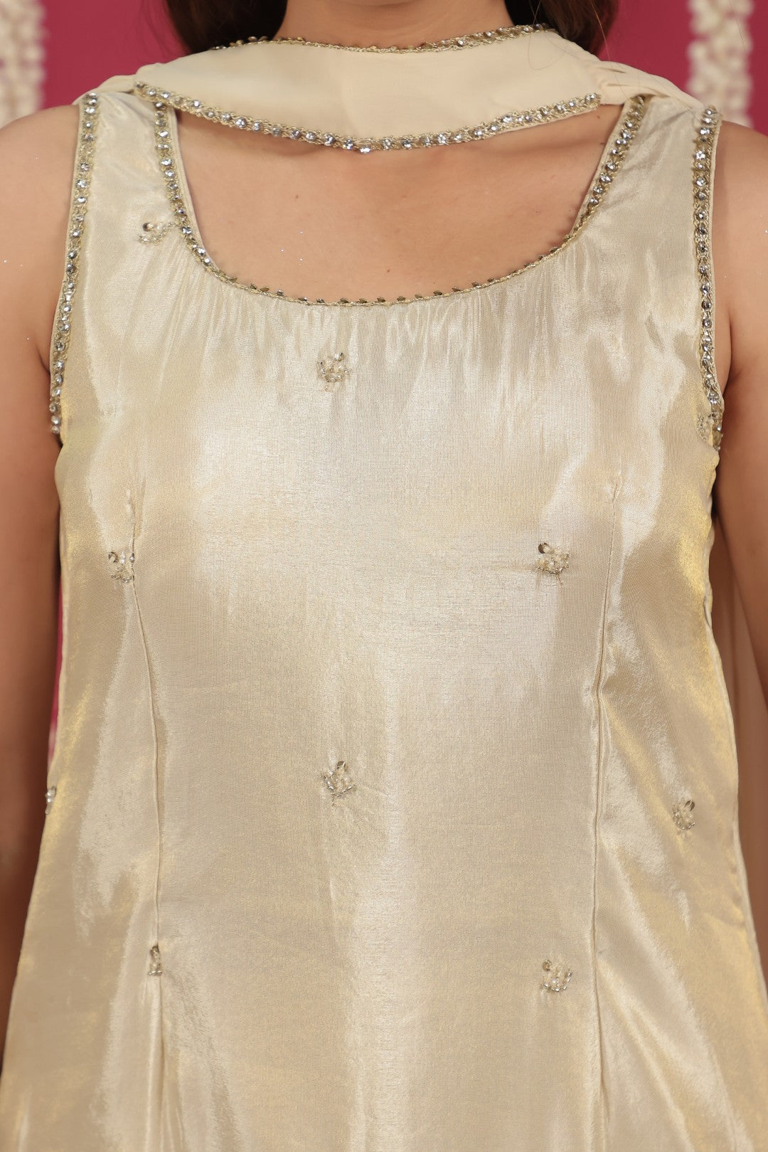 Beige Mosh Silk Suit with Thread Handwork Sharara & Choker Style Dupatta