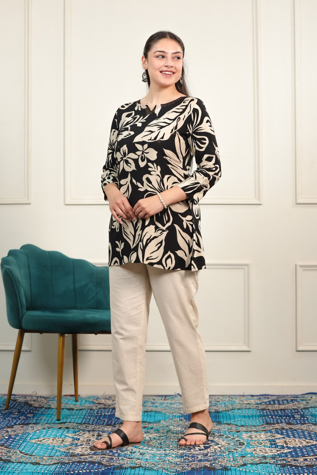 Black Rayon with Floral Printed Top