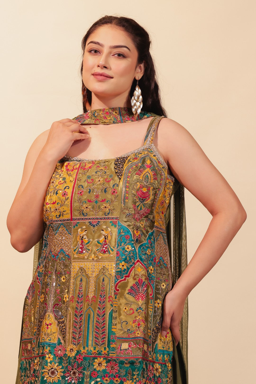 Mehendii Green Crepe Silk Suit with Position Printed & Zari Work, Sharara & Dupatta