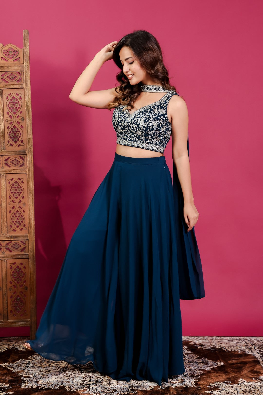 Diesel Blue Georgette Blouse with Heavy Zari Work, Sharara & Dupatta