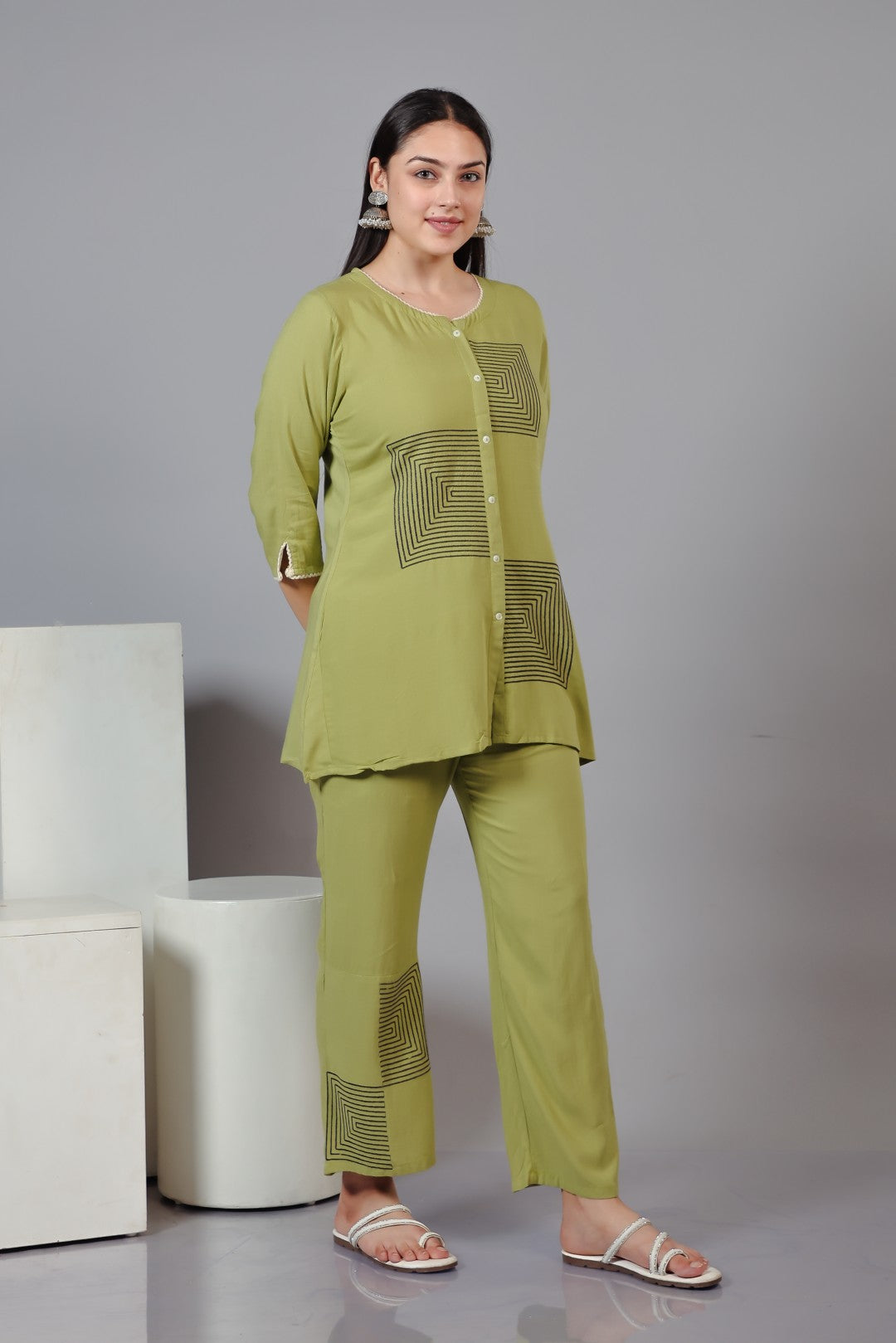 Pista Green Rayon Top with Thread Work Co-ord Set