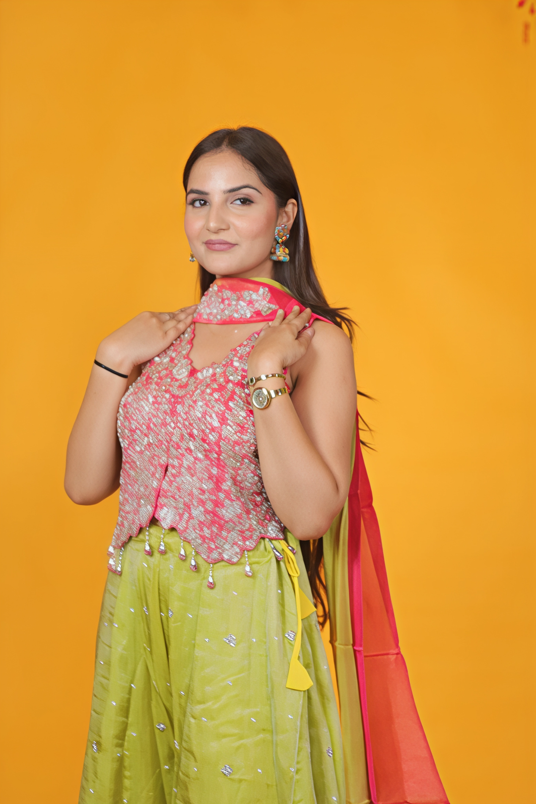 Pink Mosh Silk Blouse with Handwork, and Lime Green Sharara & Dupatta