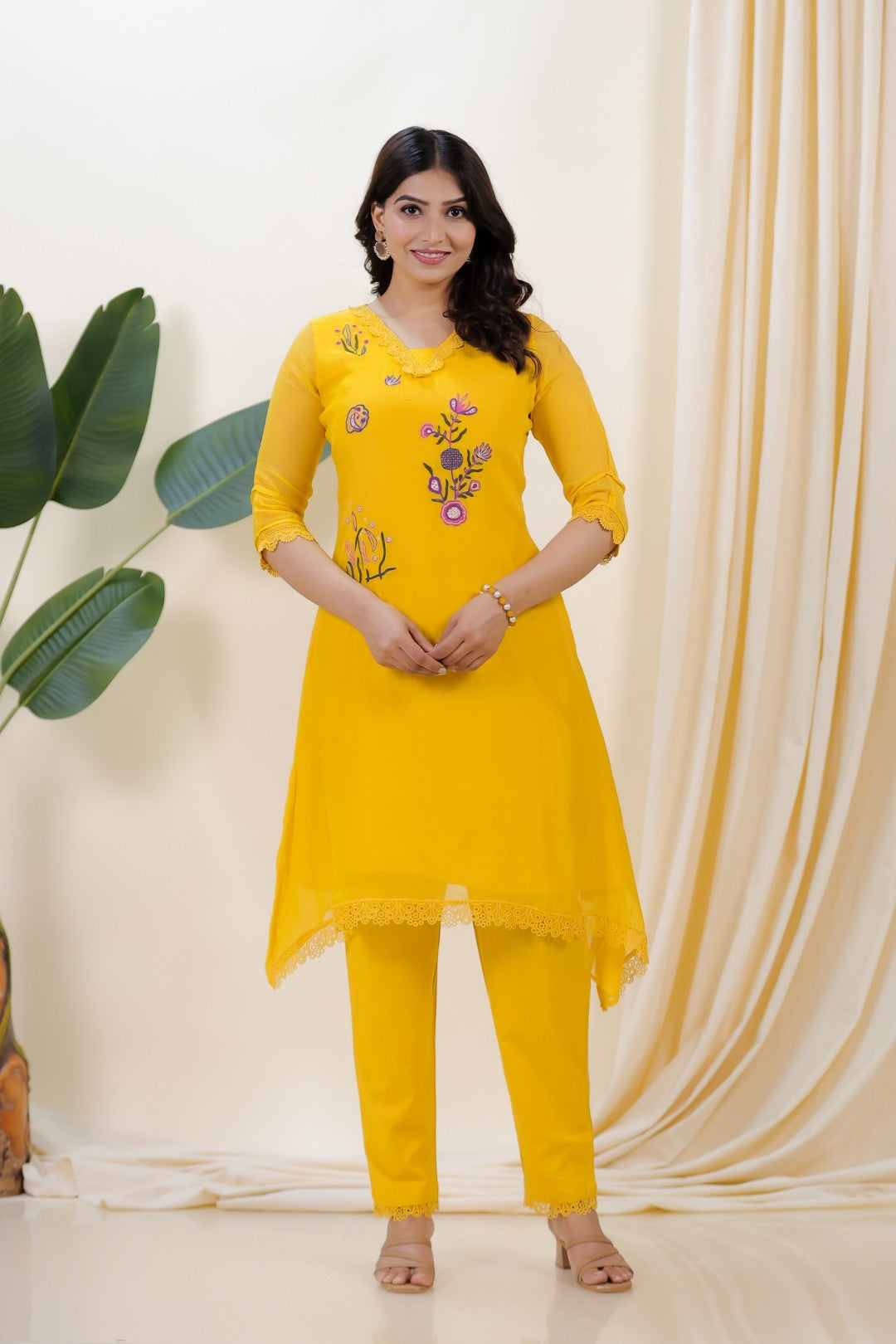 Yellow Mosh Chanderi Suit with Kashmiri Work, Pant & Dupatta