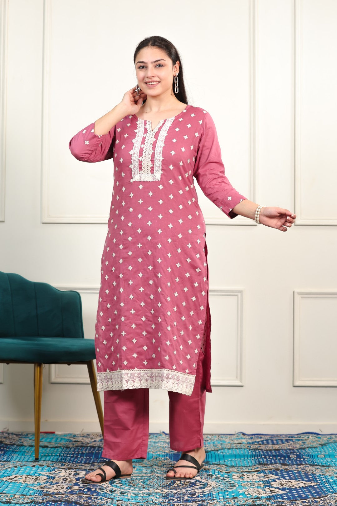 Rose Pink Cotton Suit with Fine Thread Work, Bottom & Dupatta