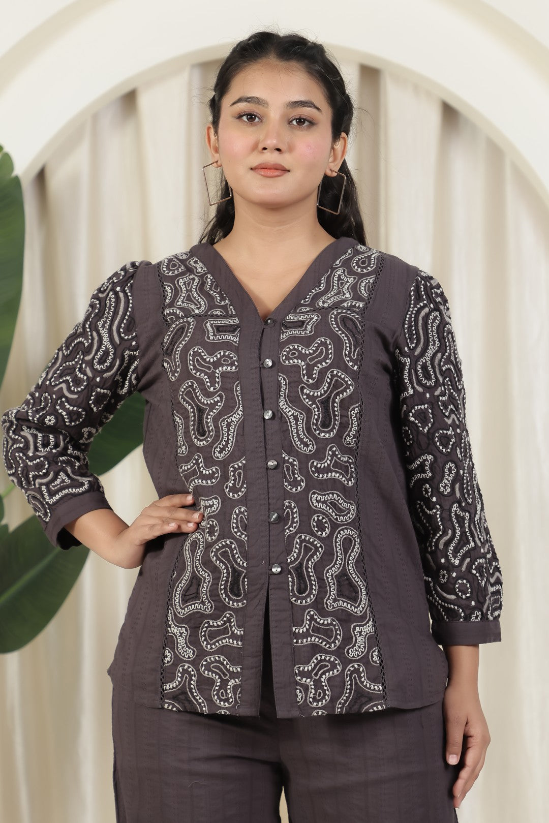 Dark Grey Cotton Top with Thread Embroidery & Palazzo Pant