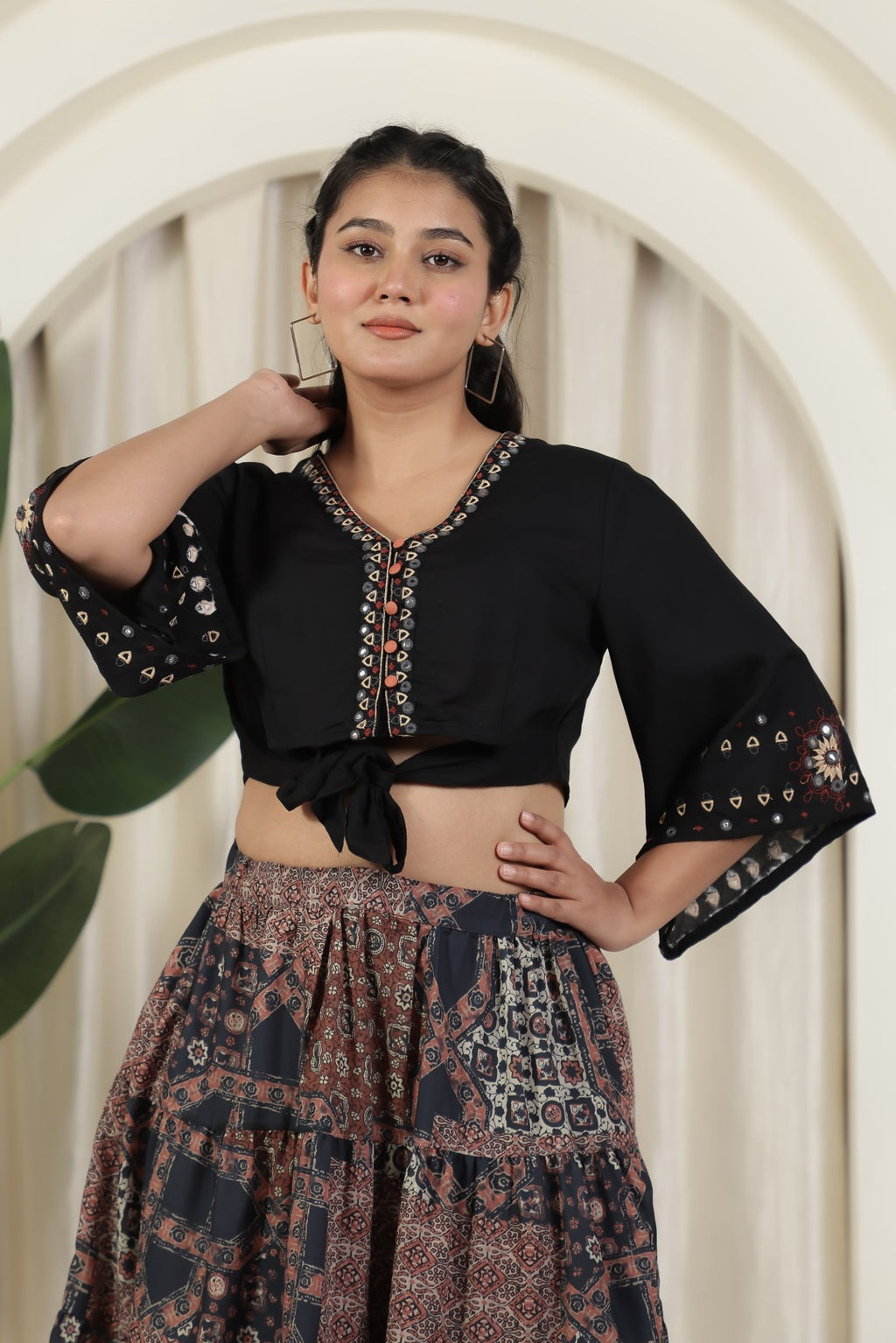 Black Rayon Cotton Top with Thread Work and Printed Skirt