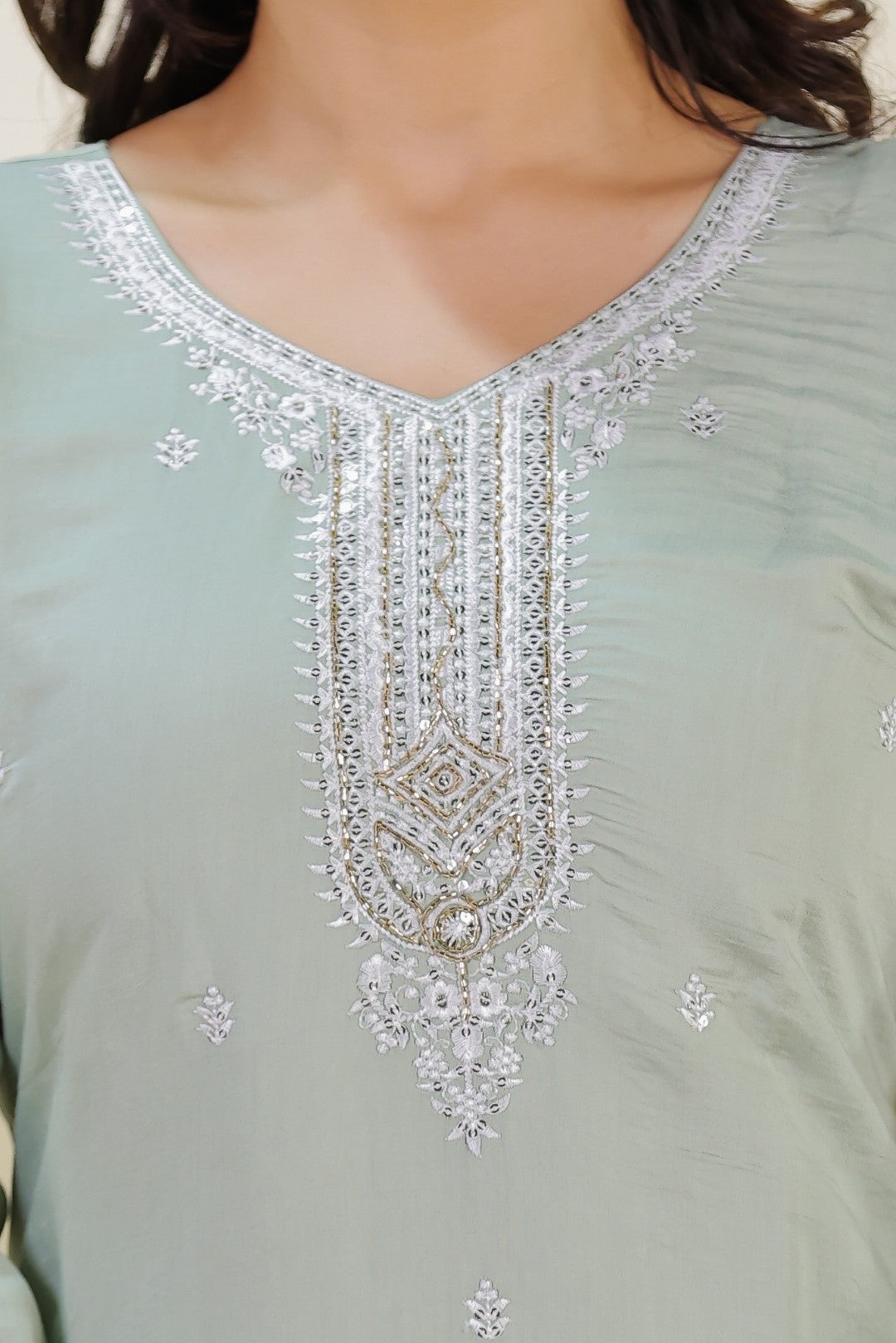 Pista Green Muslin Suit with Thread Work, Straight Pant & Dupatta