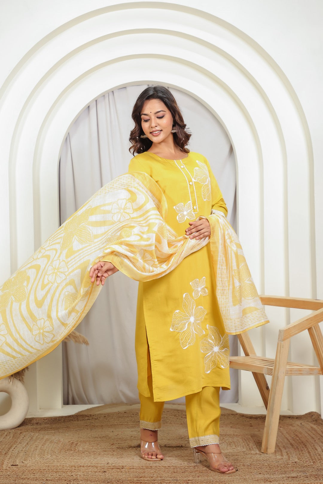 Yellow Muslin Suit with White Thread & Sequin Work, Bottom & Dupatta