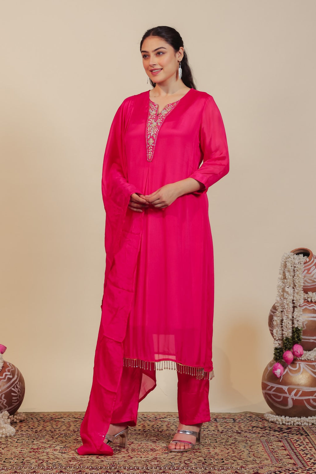 Rani Pink Chinon Suit with Handwork, Bottom & Dupatta
