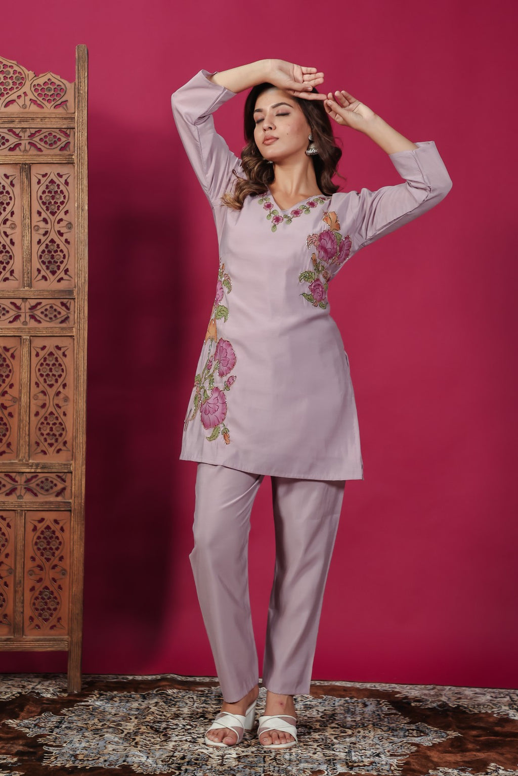 Light Lavender Muslin with Colorful Foil Floral Printed Co-ord Set