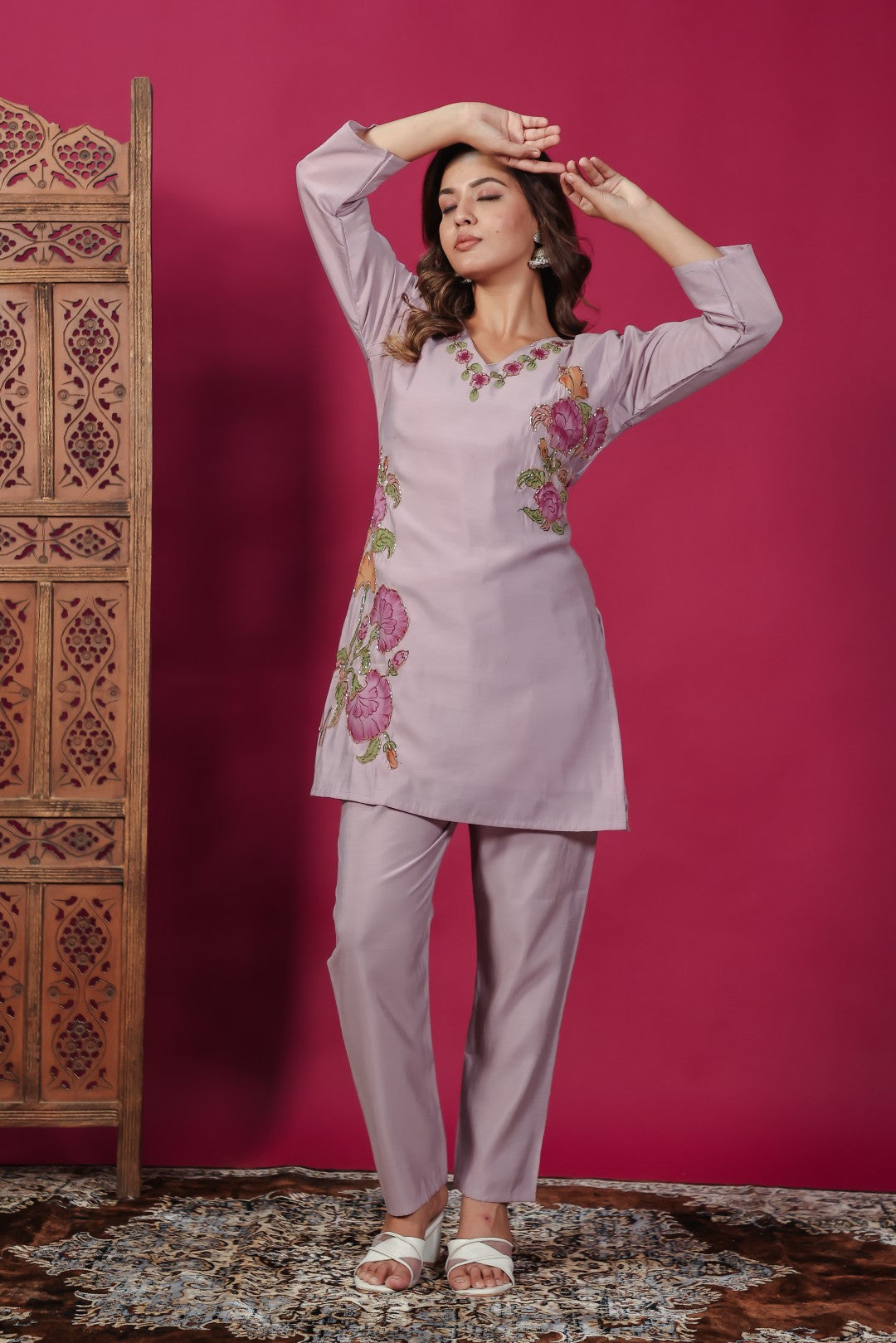 Light Lavender Muslin with Colorful Foil Floral Printed Co-ord Set