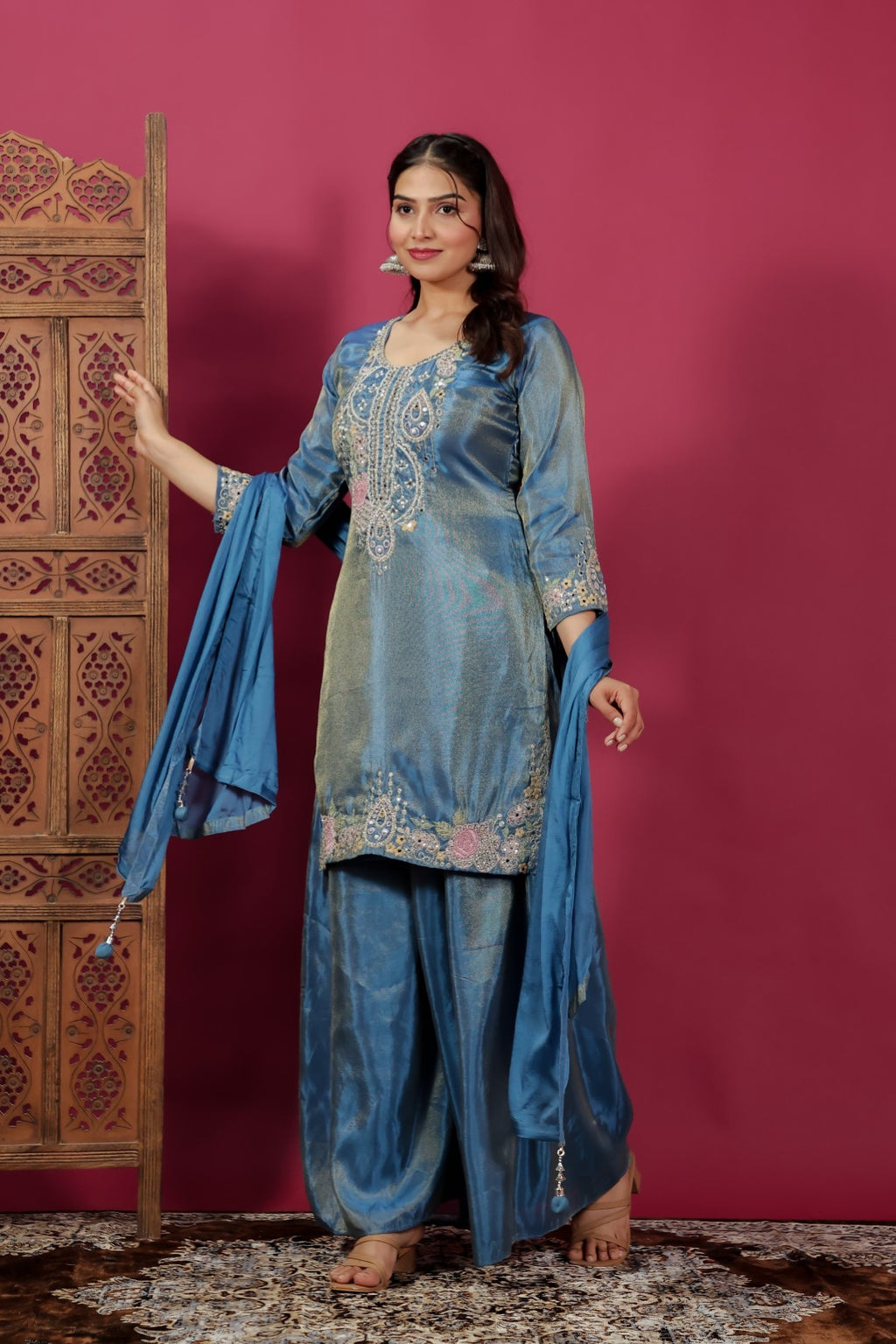 Diesel Blue Mosh Silk Handwork Suit, Palazzo & Dupatta