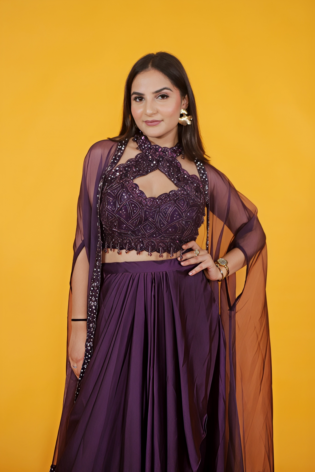 Wine Satin Silk Blouse with Handwork, Dhoti & Shrug