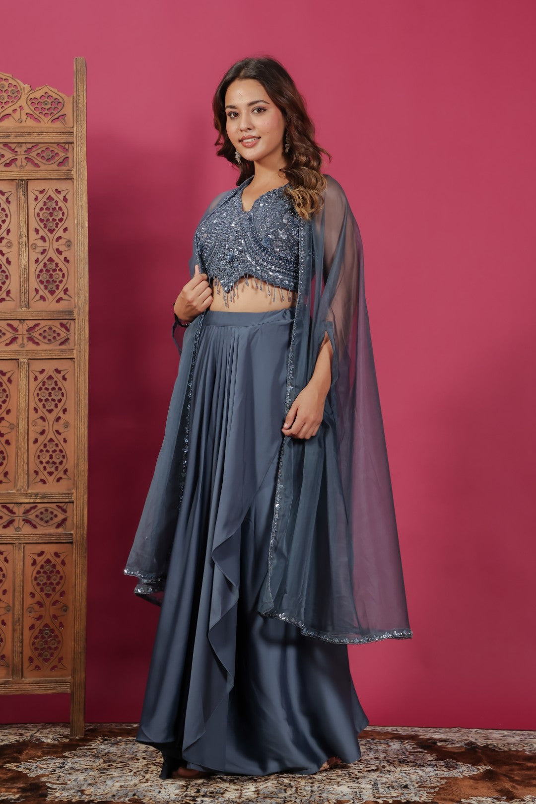 Dark Blue Grey Satin Dhoti Set with Handwork Blouse & Shrug