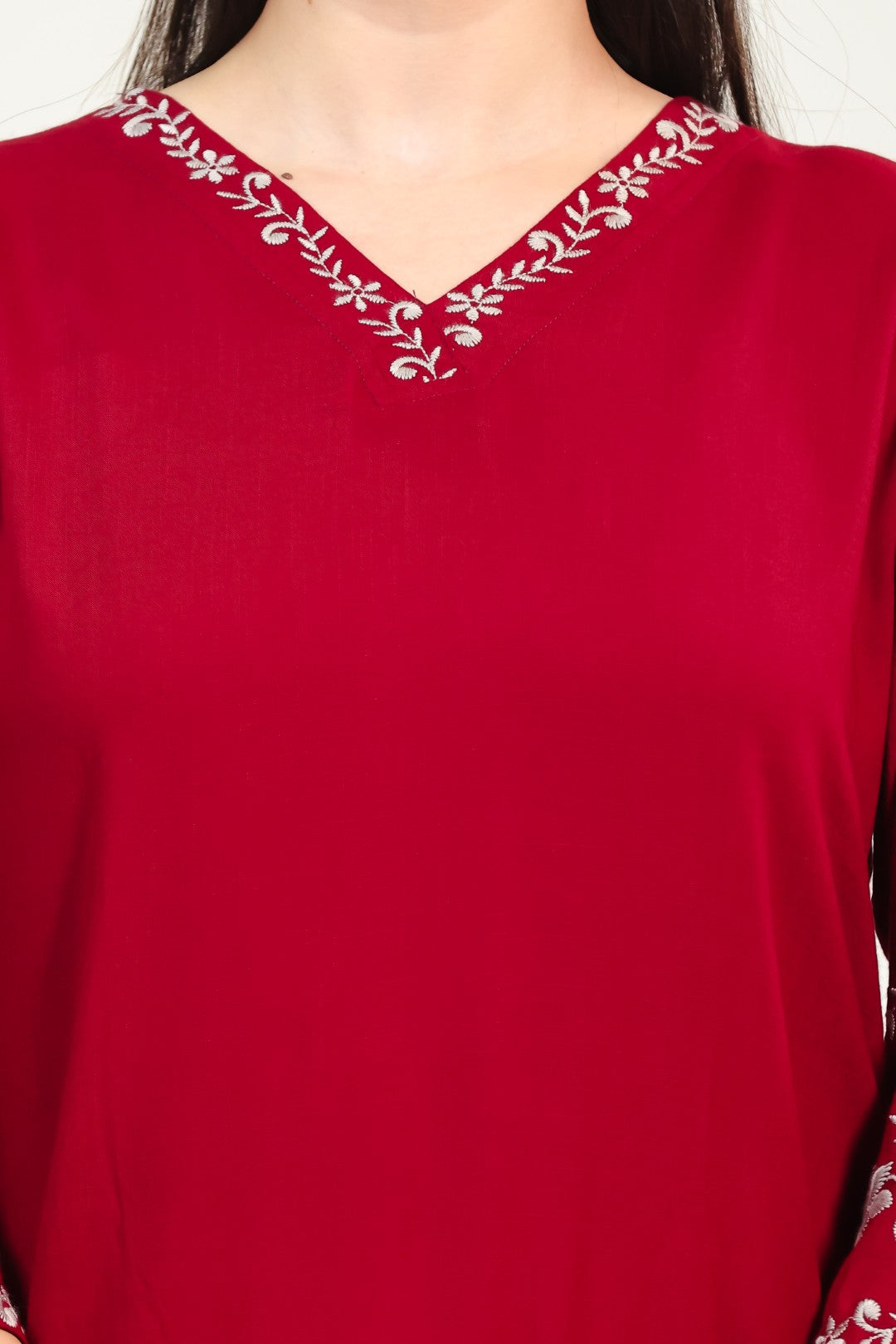 Maroon Rayon Thread Embroidered Short Kurti