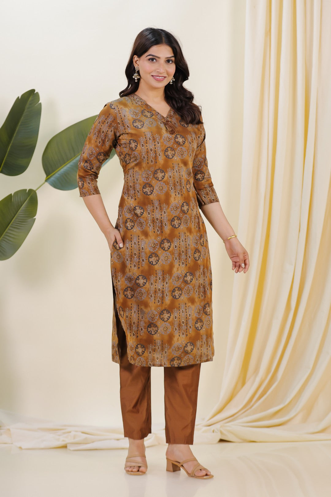 Brown Muslin Printed Suit with Piping Neck Work, Bottom & Dupatta