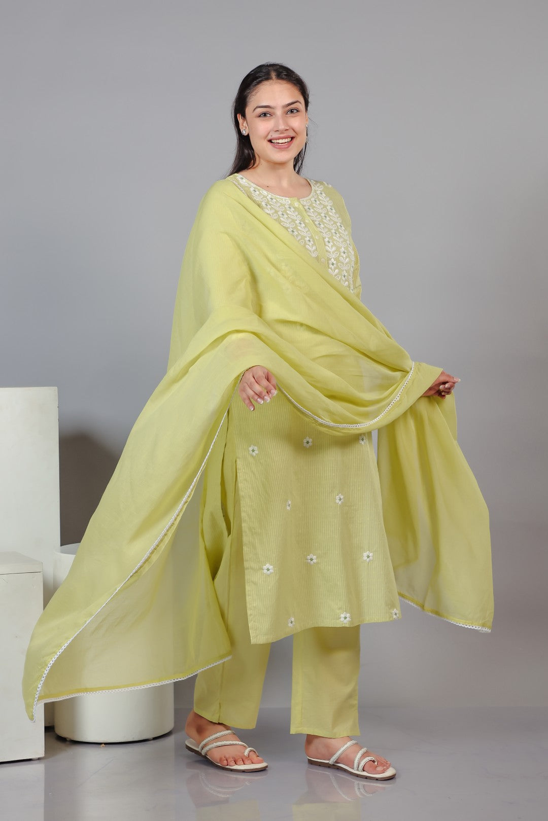 Light Green Cotton Suit with Fine Thread Work, Bottom & Dupatta
