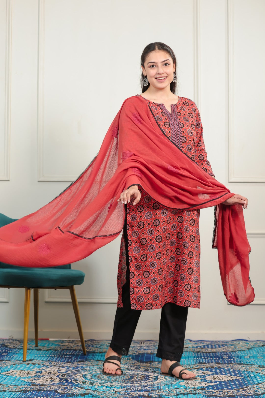 Rust Cotton Printed Suit with Bottom & Dupatta