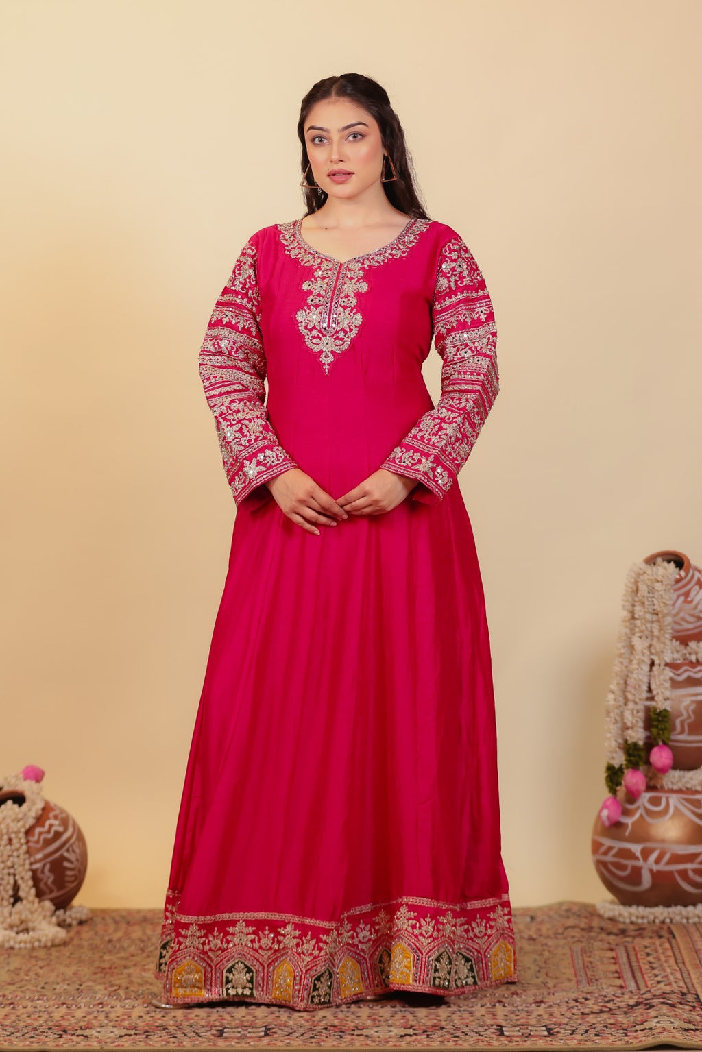 Rani Pink Vichitra Silk with Zari Work Gown & Dupatta