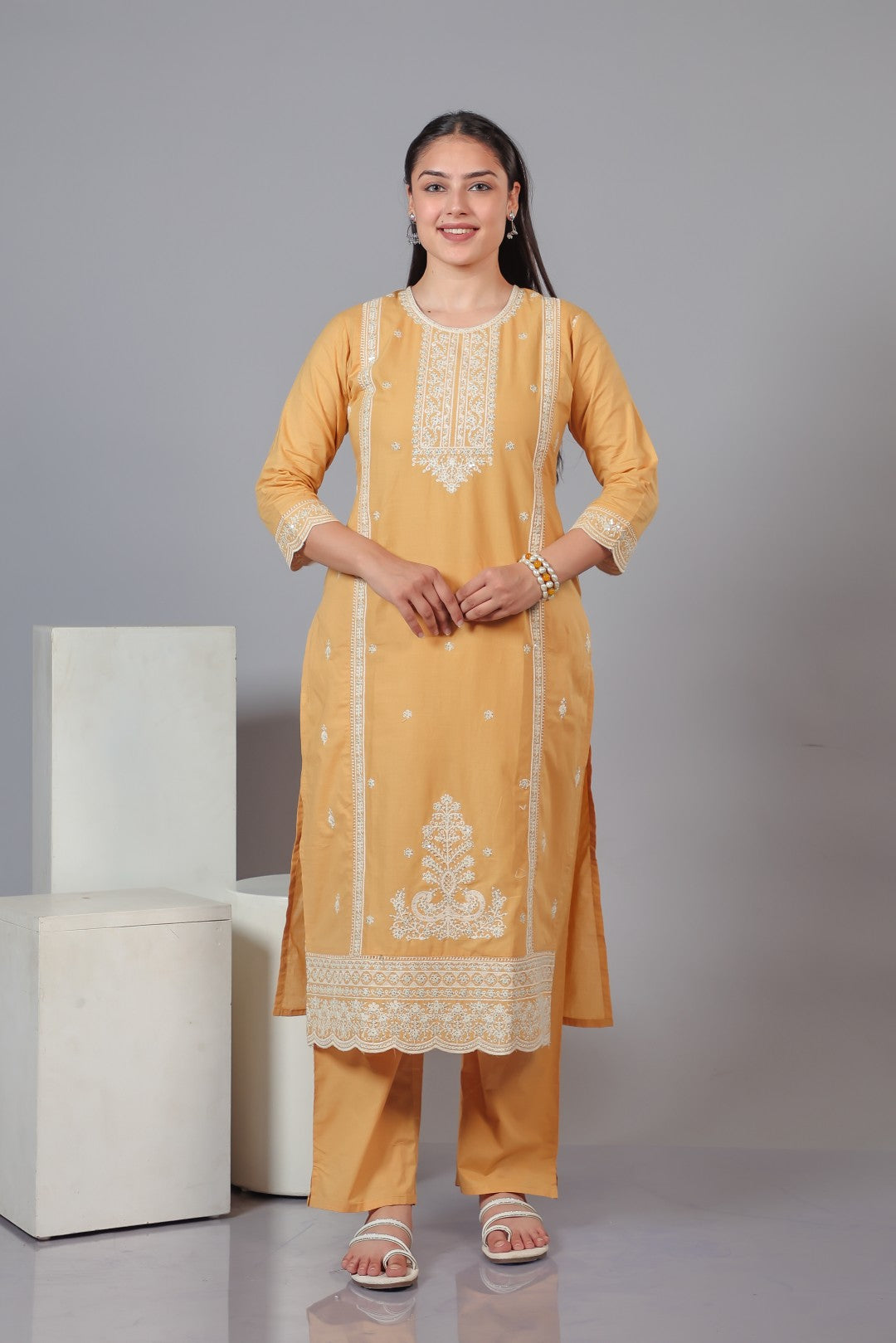 Mustard Brown Cotton Suit with Fine Thread Work, Bottom & Dupatta