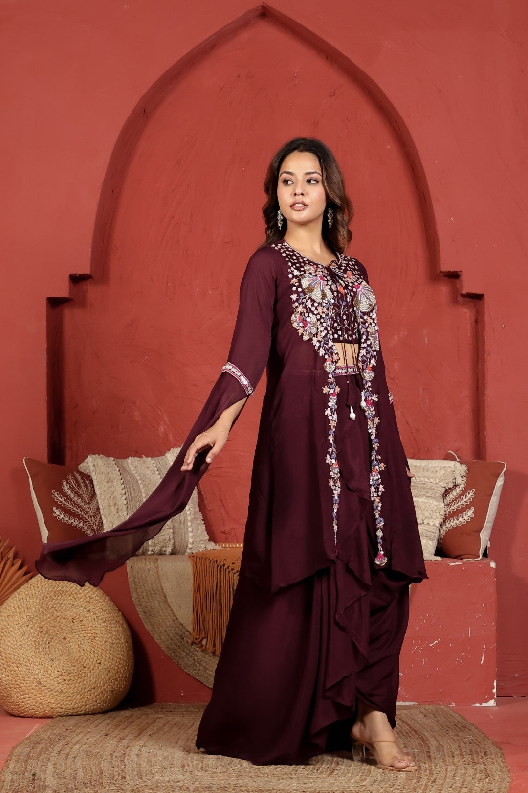 Wine Chinon Blouse with Handwork, Dhoti & Shrug