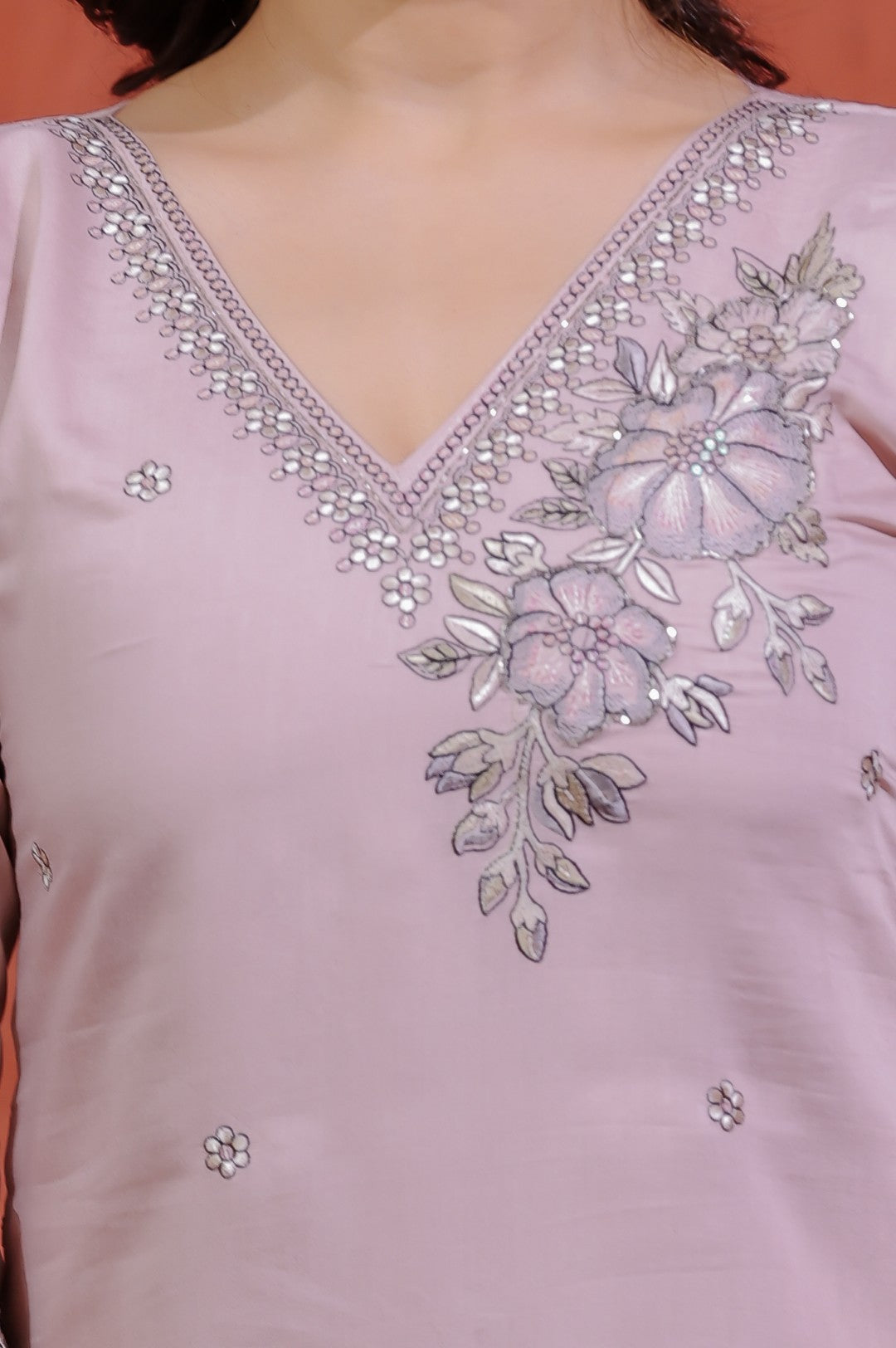 Light Peach Muslin Suit with Thread Embroidery, Bottom & Dupatta