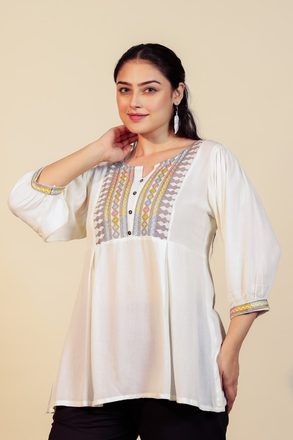 Off White Wrinkled Rayon Thread Work Top