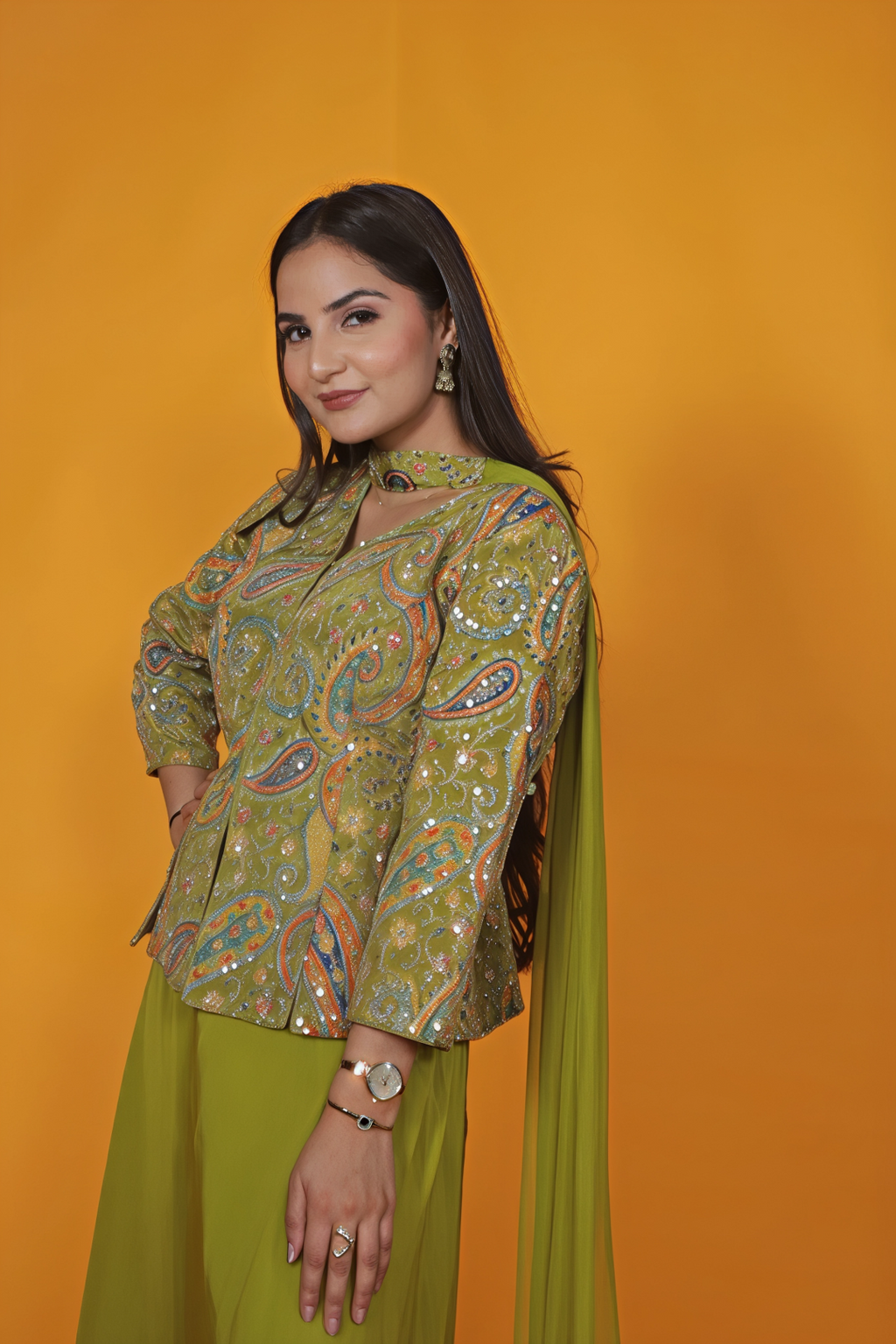 Green HO Silk Top with Position Print & Zari Work, Sharara & Dupatta