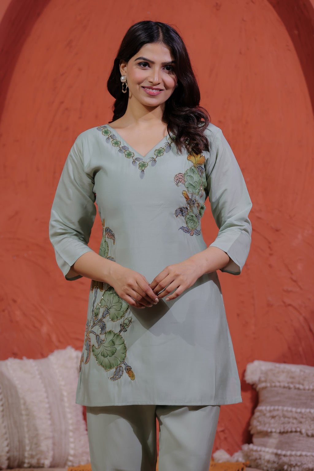 Pista Green Muslin with Colorful Foil Floral Printed Co-ord Set