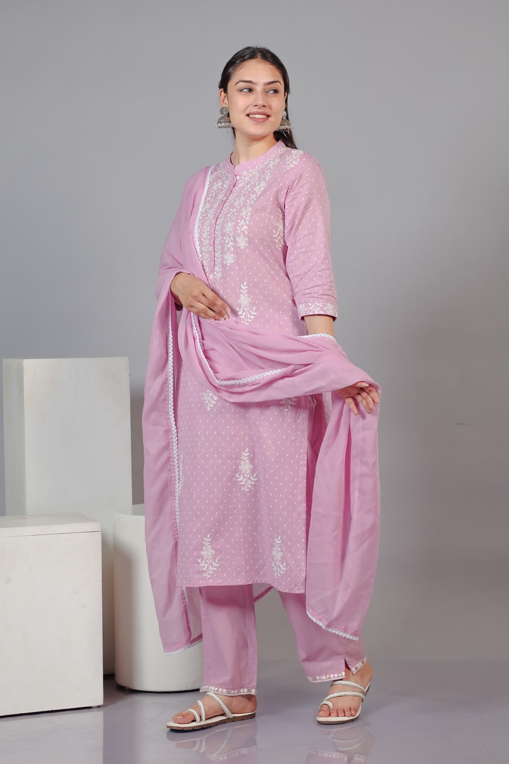 Pink Cotton Suit with Fine Thread Work, Bottom & Dupatta