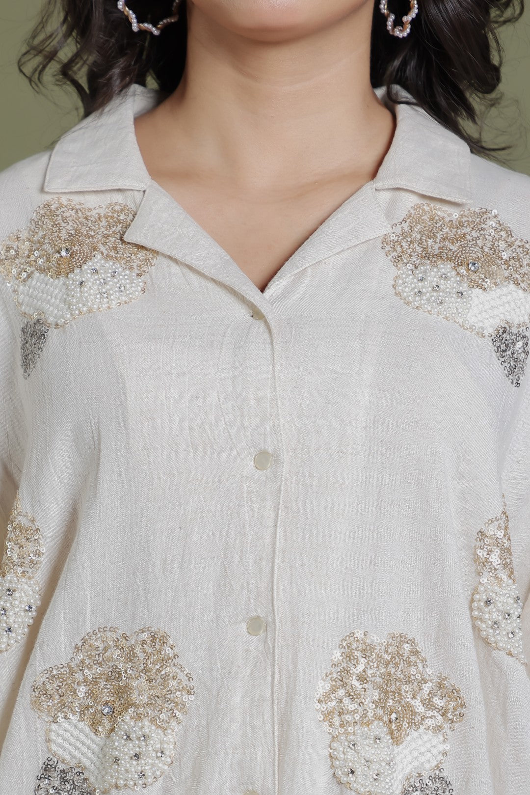 Offwhite Khadi Cotton Shirt with Sequence Handwork