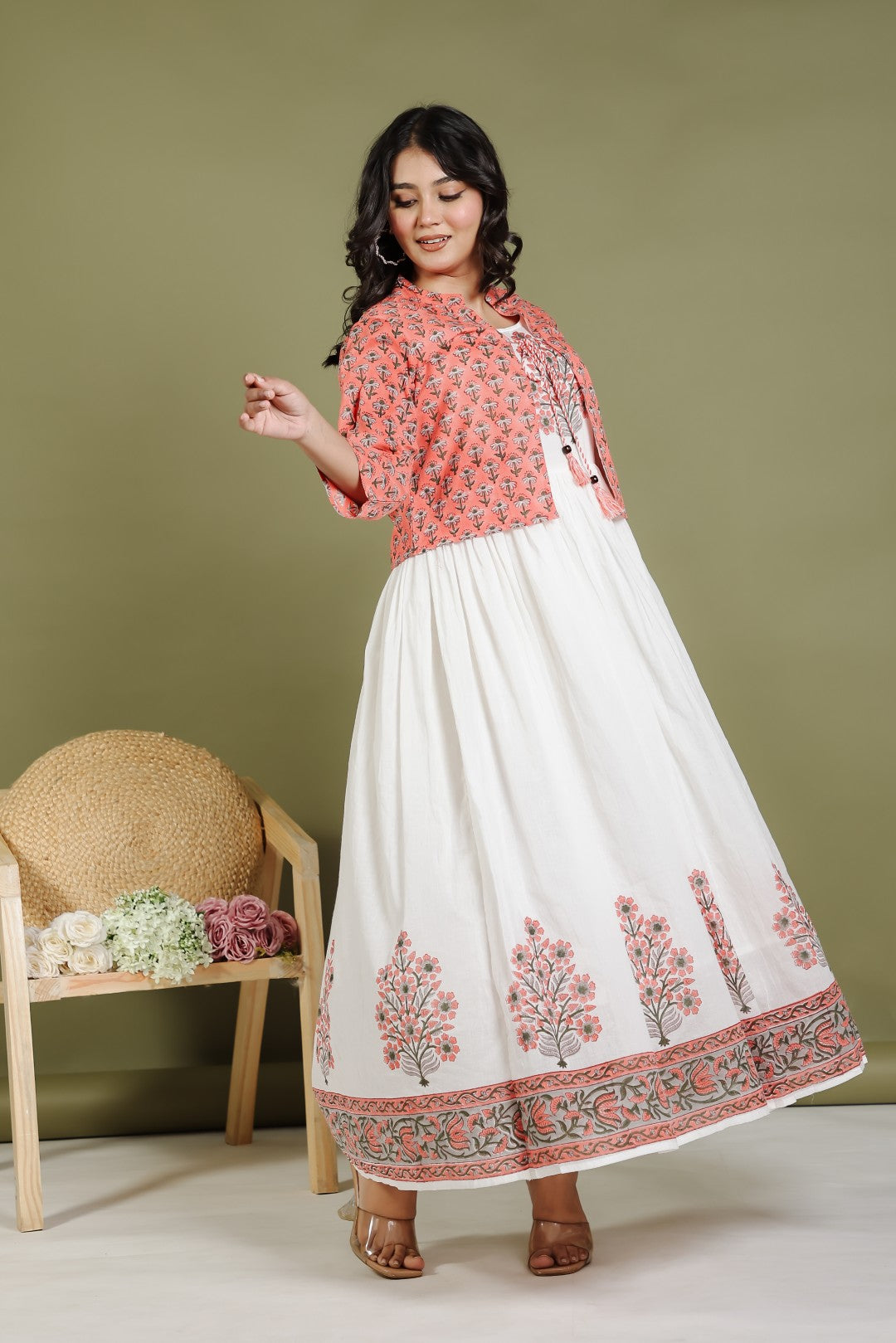 Offwhite Mulmul Cotton Suit with Hand Block Sanganeri Print and Rust Grey Hand Block Sanganeri Printed Jacket